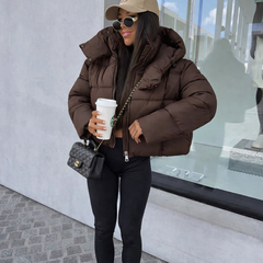 Millie Oversized Short Padded Bomber Jacket with Hood - Chocolate