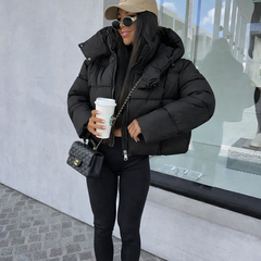 Millie Oversized Short Padded Bomber Jacket with Hood - Black