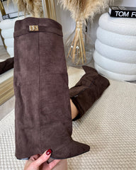 Serena Knee High Fold Over Suede Boots- Chocolate