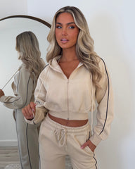 Daphne Cropped Long Sleeve Straight Leg Tracksuit with Piping Detail - Oatmeal