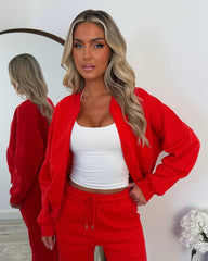 Amelia Bomber Zip Jacket & Straight Leg Joggers Set- Red
