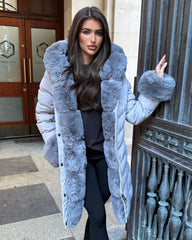 Emma Padded Faux Fur Trim Belted Coat - Grey