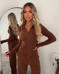 Ivy Fleece Straight Leg & Zip Hooded Jacket Set - Brown