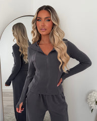 Ivy Fleece Straight Leg & Zip Hooded Jacket Set - Charcoal