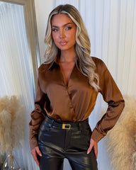 Noemi Open-Front Long Sleeve Shirt Bodysuit - Brown