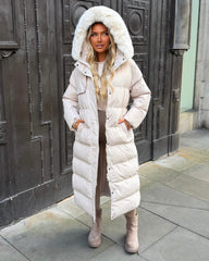 Chantel Long Padded Faux Fur Hooded Coat - Beige