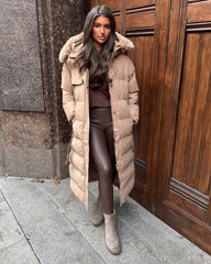 Chantel Long Padded Faux Fur Hooded Coat - Camel