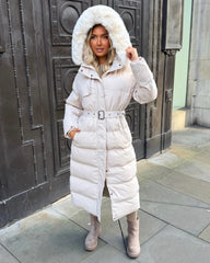 Chantel Long Padded Faux Fur Hooded Coat - Beige