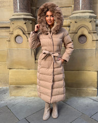 Anastasia Longline Belted Hooded Faux Fur Coat - Camel