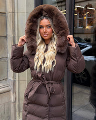 Anastasia Longline Belted Hooded Faux Fur Coat - Chocolate