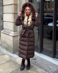 Anastasia Longline Belted Hooded Faux Fur Coat - Chocolate