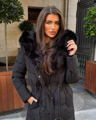Mia Faux Fur Pull in Waist Long Padded Coat - Black