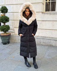 Mia Faux Fur Pull in Waist Long Padded Coat - Black/Beige