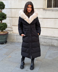 Mia Faux Fur Pull in Waist Long Padded Coat - Black/Beige