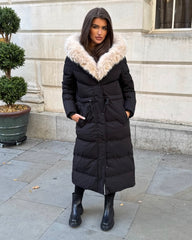 Mia Faux Fur Pull in Waist Long Padded Coat - Black/Beige
