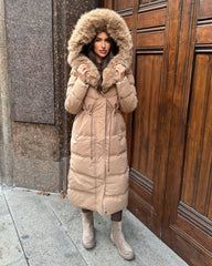 Mia Faux Fur Pull in Waist Long Padded Coat - Camel