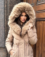 Mia Faux Fur Pull in Waist Long Padded Coat - Camel