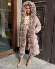 Olivia  Long Hooded Coat with Faux Fur Hood & Elegant Faux Front Fur Trim- Taupe
