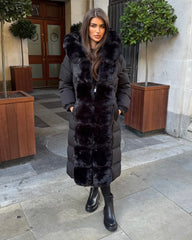 Olivia  Long Hooded Coat with Faux Fur Hood & Elegant Faux Front Fur Trim- Black