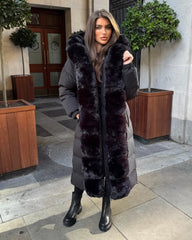 Olivia  Long Hooded Coat with Faux Fur Hood & Elegant Faux Front Fur Trim- Black