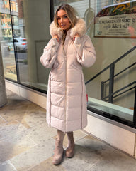 Helena Long Padded Coat with Faux Fur Detail Hood - Beige
