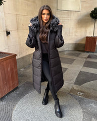 Helena Long Padded Coat with Faux Fur Detail Hood - Black