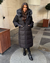 Helena Long Padded Coat with Faux Fur Detail Hood - Black