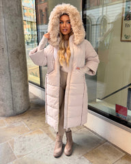 Helena Long Padded Coat with Faux Fur Detail Hood - Beige