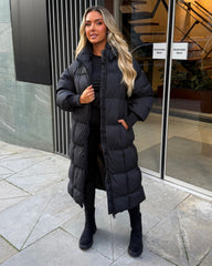 Naomi Padded Ruched Arm Detail Long Duvet Coat - Black
