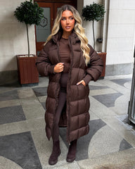 Naomi Padded Ruched Arm Detail Long Duvet Coat - Chocolate