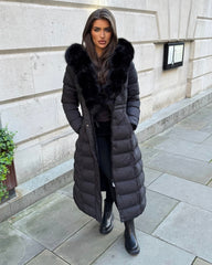 Arielle Long Padded Coat with Faux Fur Trim Hood - Black