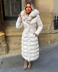 Arielle Long Padded Coat with Faux Fur Trim Hood - Beige