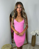 Eden V Neck Ribbed Bodycon Midi Dress - Bright Pink