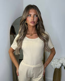 Libby Ribbed Bodysuit & Wide Leg Trousers - Beige