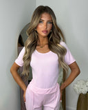 Libby Ribbed Bodysuit & Wide Leg Trousers - Baby Pink