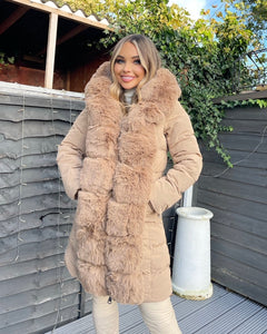 Hayley Faux Fur Belted Padded Coat - Camel