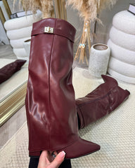 Kasia Knee High Fold Over Heels Boots - Wine
