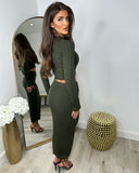 Billie Cable Knit Skirt & Crop Jumper Set - Khaki