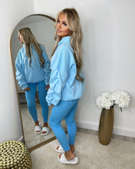Rachael Ruched Sleeve Hoodie with Ribbon Detail - Baby Blue