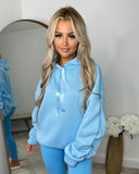 Rachael Ruched Sleeve Hoodie with Ribbon Detail - Baby Blue