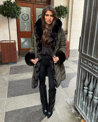 Emma Padded Faux Fur Trim Belted Coat - Khaki