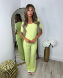 Libby Ribbed Bodysuit & Wide Leg Trousers - Lime Green