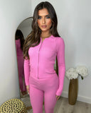 Tara Zip Front Ribbed Co-Ord Set - Bright Pink