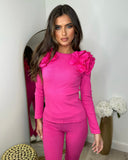 Esme Frill Shoulder Ribbed Lounge Set - Fuchsia