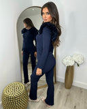 Esme Frill Shoulder Ribbed Lounge Set - Navy