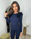 Esme Frill Shoulder Ribbed Lounge Set - Navy