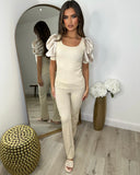 Saskia Silk Puff Sleeve Ribbed Lounge set - Beige