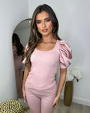 Saskia Silk Puff Sleeve Ribbed Lounge set - Light Pink