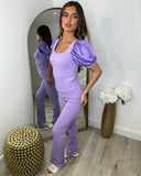 Saskia Silk Puff Sleeve Ribbed Lounge set - Lilac