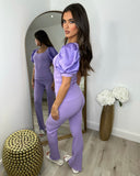 Saskia Silk Puff Sleeve Ribbed Lounge set - Lilac